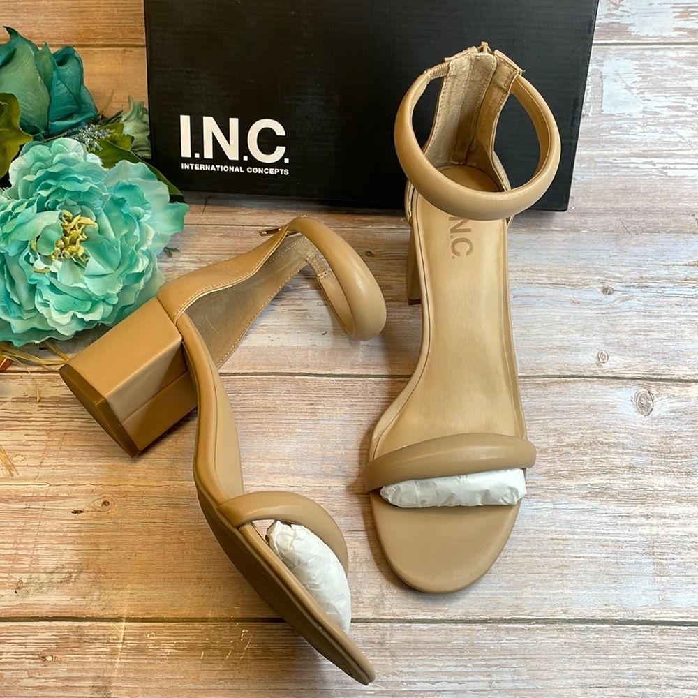 INC  Women's Sassia Faux Leather  Ankle Strap Block Heels Tan